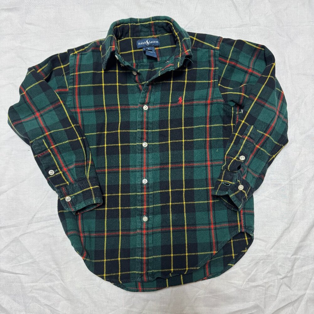 Vintage Kids Ralph Lauren Polo Green Plaid Flannel Button-Down Shirt, Size 6